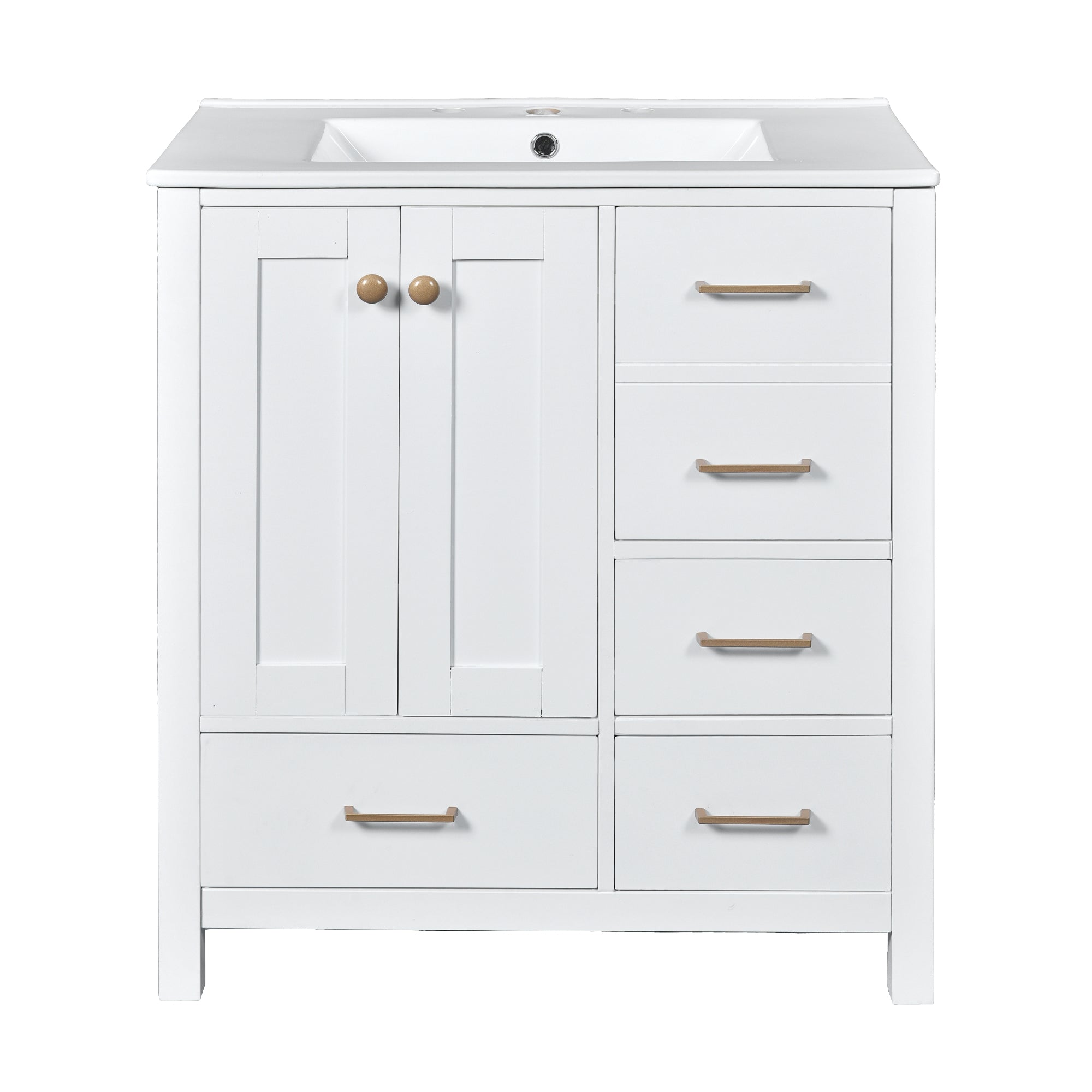 VanityFus 30-in White Bathroom Vanity Single Sink Combo with Ceramic Top Undermount 2 Soft Close Doors 4 Drawers